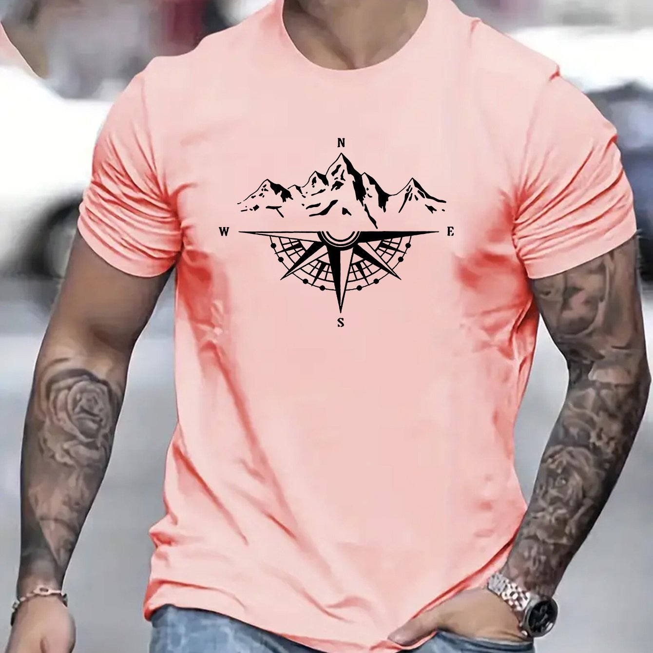 Mountain Shaped Compass & Letter Creative Printing Men's Round Neck Printed T-shirt, Short Sleeved Comfortable Loose Casual Top, Spring Summer Holiday Men's Clothing As A Gift