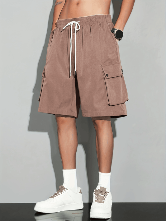 [Popular Choice] Men's Solid Color Drawstring Cargo Shorts, Polyester, Non-Stretch Fabric, Summer Casual Wear