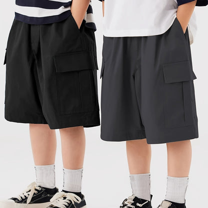 2-pack Boys Loose Fit Cargo Shorts With Pockets, Solid Color Shorts For Spring/Summer/Fall