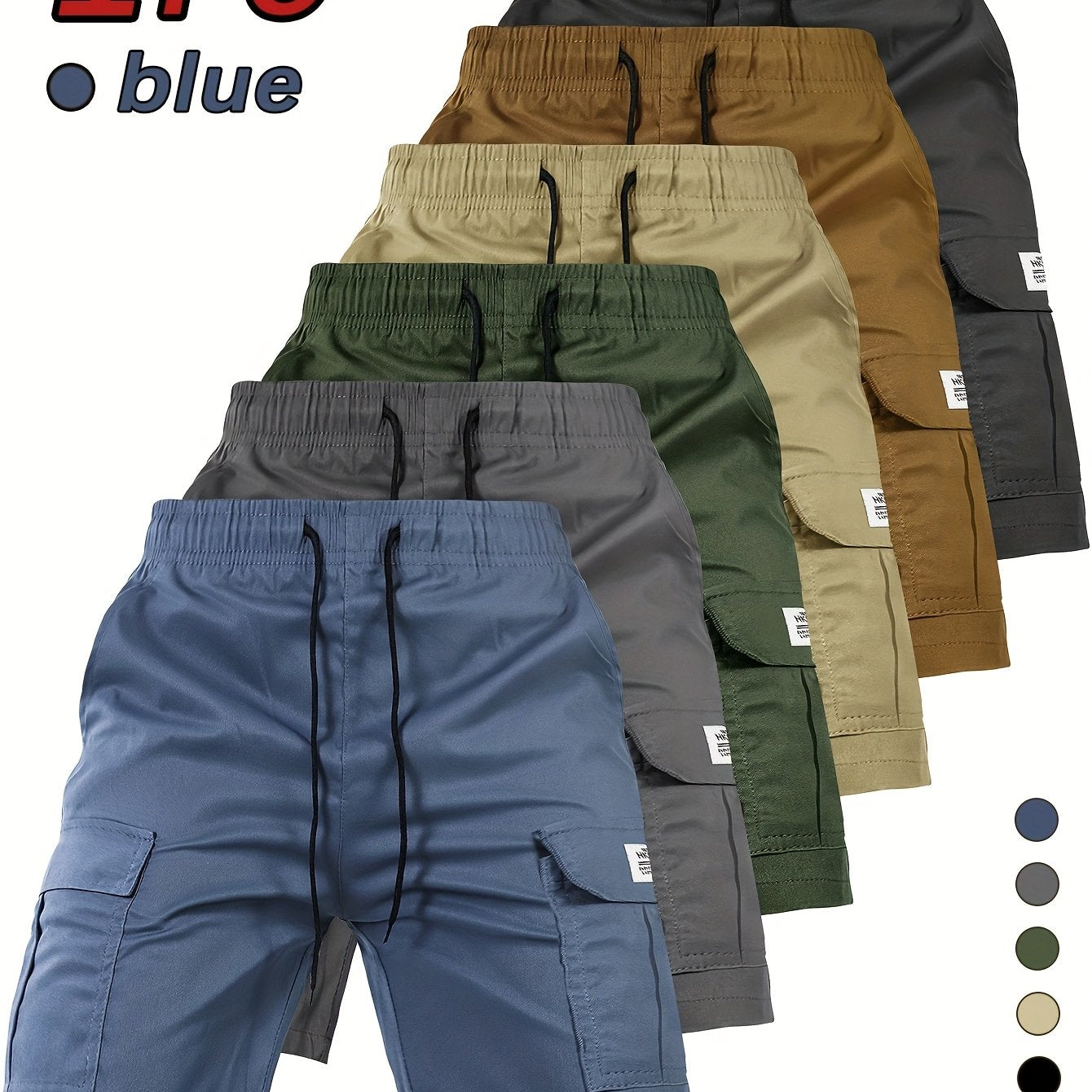 [Summer Cargo Shorts] Breathable Polyester Men's Casual Cargo Shorts with Drawstring Waist, Flap Pockets & Letter Patch | Regular Fit, Solid Color for Summer