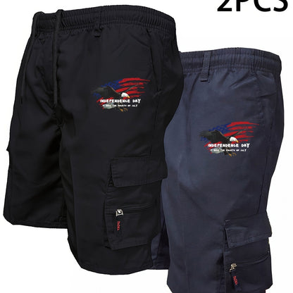2pcs Graphic Print Men's Loose Fit Waist Drawstring Cargo Shorts with Creative American Flag, Side Pockets for Summer Outdoor Leisure and Work