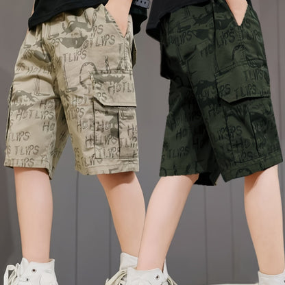 2-Pack Boys Summer Cargo Shorts, Lette Graffiti Elastic Waist Shorts With Pockets, Boys Outdoor Wear