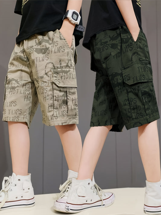 2-Pack Boys Summer Cargo Shorts, Lette Graffiti Elastic Waist Shorts With Pockets, Boys Outdoor Wear