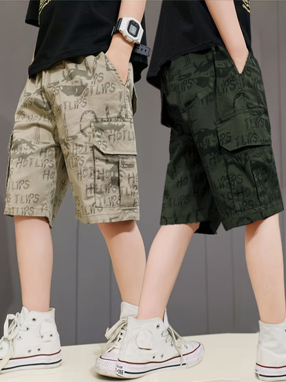 2-Pack Boys Summer Cargo Shorts, Lette Graffiti Elastic Waist Shorts With Pockets, Boys Outdoor Wear