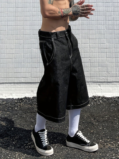Mens Trendy Embroidered Denim Shorts - Loose Fit, Casual Street Style Jorts - Fashionable Capri Pants for a Relaxed Look