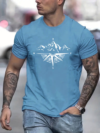 Mountain Shaped Compass & Letter Creative Printing Men's Round Neck Printed T-shirt, Short Sleeved Comfortable Loose Casual Top, Spring Summer Holiday Men's Clothing As A Gift
