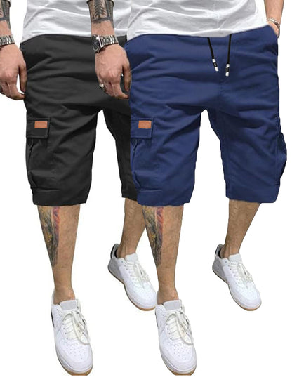 2pcs Men's Casual Cargo Shorts - Classic Drawstring, Stretch Cotton with Multiple Pockets, Gray & Brown, Machine Washable, Comfortable for Casual Attire
