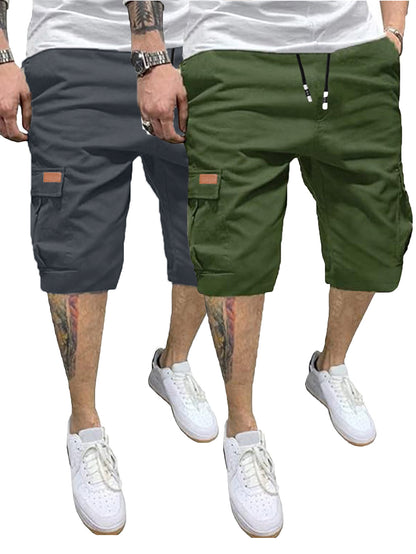 2pcs Men's Casual Cargo Shorts - Classic Drawstring, Stretch Cotton with Multiple Pockets, Gray & Brown, Machine Washable, Comfortable for Casual Attire