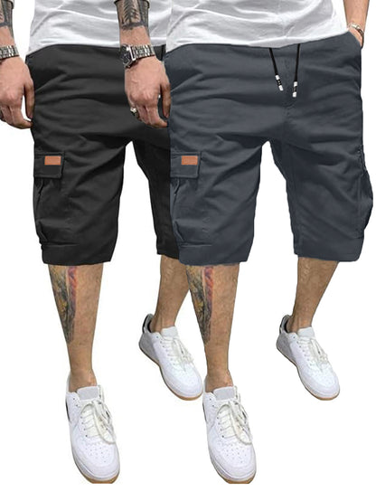 2pcs Men's Casual Cargo Shorts - Classic Drawstring, Stretch Cotton with Multiple Pockets, Gray & Brown, Machine Washable, Comfortable for Casual Attire