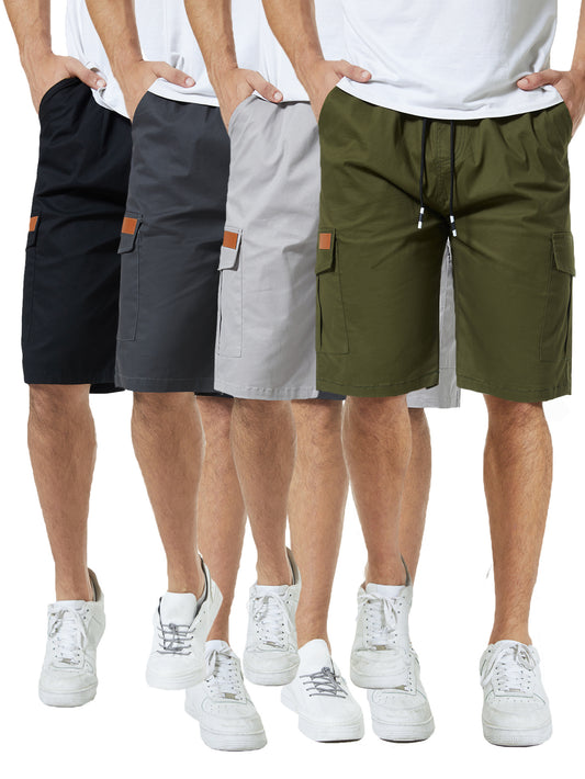 4 Pcs Men's Casual Twill Cargo Shorts Cotton Drawstring Multi Pockets Cargo Stretch Short for Summer