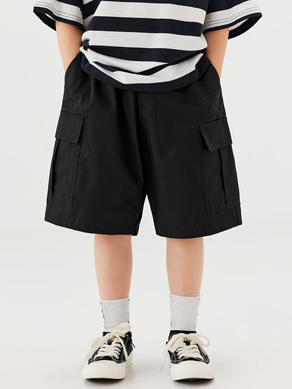 2-pack Boys Loose Fit Cargo Shorts With Pockets, Solid Color Shorts For Spring/Summer/Fall