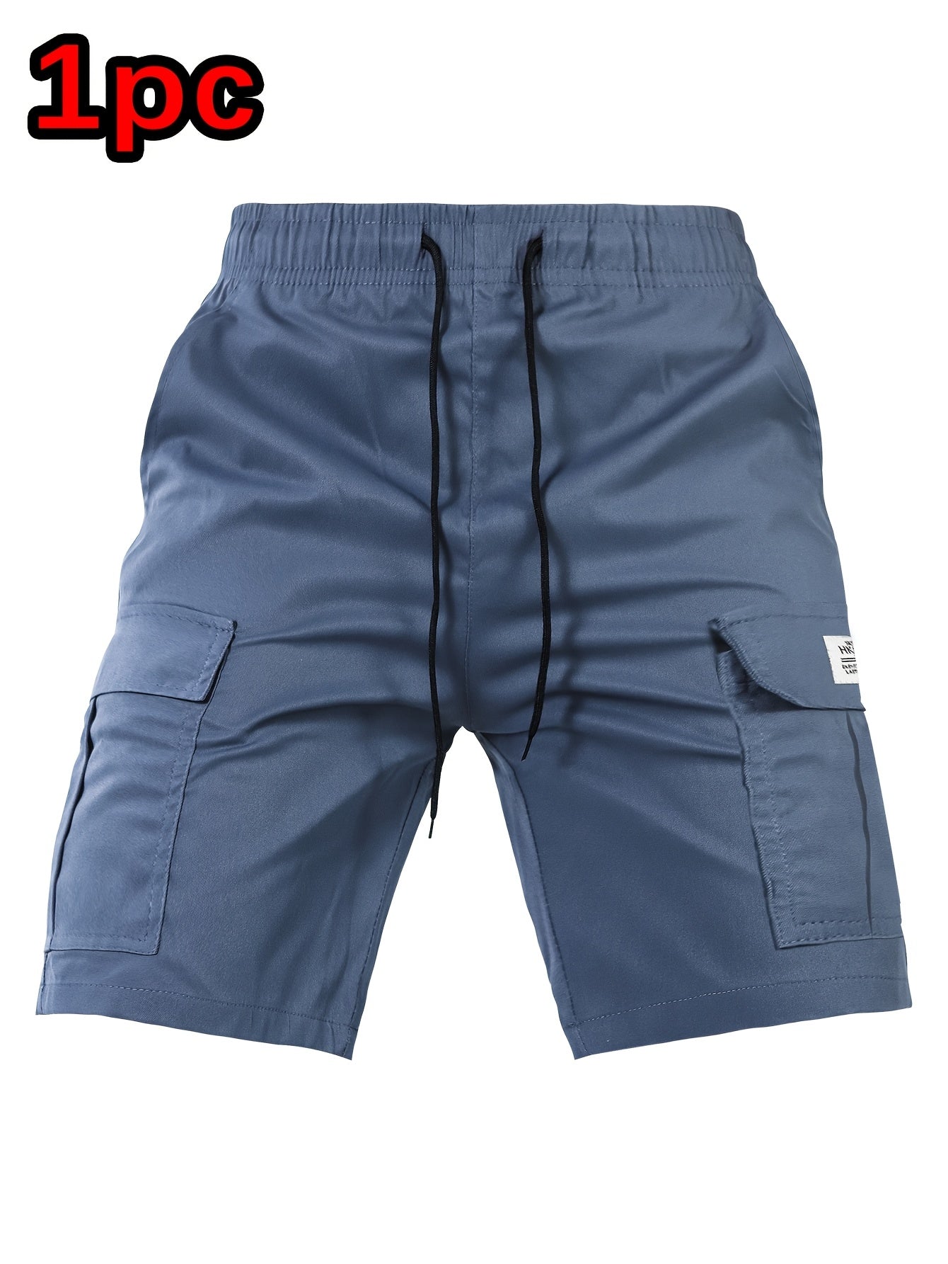 [Summer Cargo Shorts] Breathable Polyester Men's Casual Cargo Shorts with Drawstring Waist, Flap Pockets & Letter Patch | Regular Fit, Solid Color for Summer