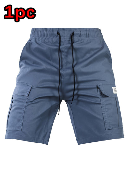 [Summer Cargo Shorts] Breathable Polyester Men's Casual Cargo Shorts with Drawstring Waist, Flap Pockets & Letter Patch | Regular Fit, Solid Color for Summer