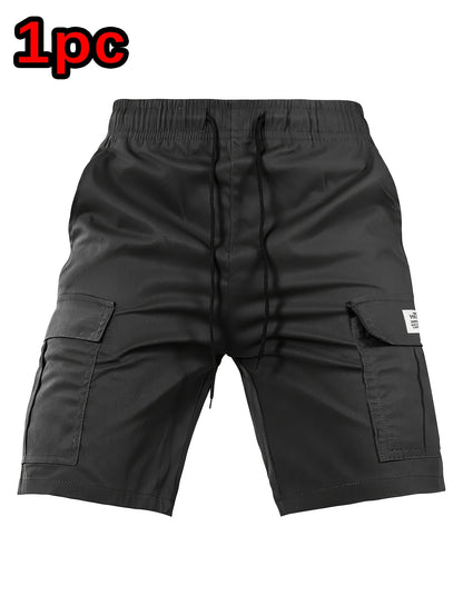 [Summer Cargo Shorts] Breathable Polyester Men's Casual Cargo Shorts with Drawstring Waist, Flap Pockets & Letter Patch | Regular Fit, Solid Color for Summer