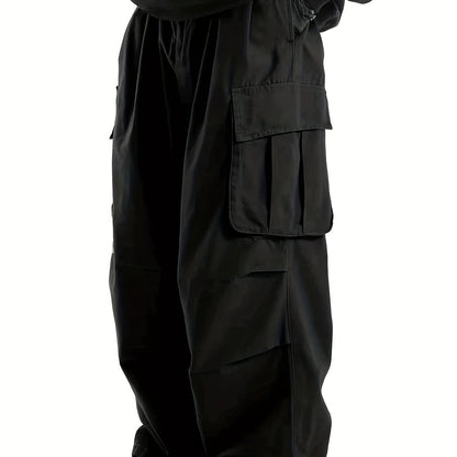 Loose Casual Men's Straight Leg Cargo Pants - Solid Multi Flap Pockets Outdoor Baggy Pants - Work Pants Streetwear
