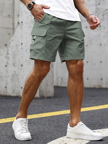 Casual Solid Men's Loose Fit Elastic Waist Cargo Shorts With Side Pockets For Summer Outdoor Leisure And Work