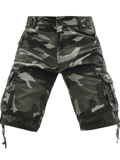 Men's 100% Cotton Camo Cargo Shorts, Denim Style, Non-Stretch Woven Fabric, Regular Fit with Pockets, Ideal for Hiking & Outdoor Activities, Spring/Summer/Fall Collection, Casual Wear|Rugged Outdoor Look|Woven Fabric Shorts,