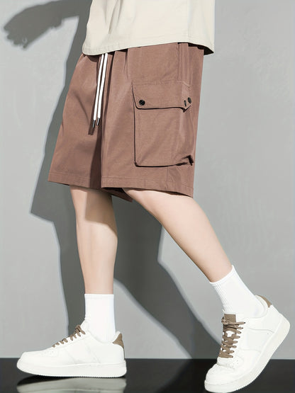 [Popular Choice] Men's Solid Color Drawstring Cargo Shorts, Polyester, Non-Stretch Fabric, Summer Casual Wear