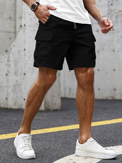 Casual Solid Men's Loose Fit Elastic Waist Cargo Shorts With Side Pockets For Summer Outdoor Leisure And Work