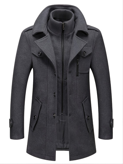 Men'S Business Woolen Coat Fashion Double Collar Mid-length Woolen Jacket For Autumn/ Winter