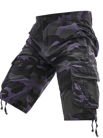 Men's 100% Cotton Camo Cargo Shorts, Denim Style, Non-Stretch Woven Fabric, Regular Fit with Pockets, Ideal for Hiking & Outdoor Activities, Spring/Summer/Fall Collection, Casual Wear|Rugged Outdoor Look|Woven Fabric Shorts,