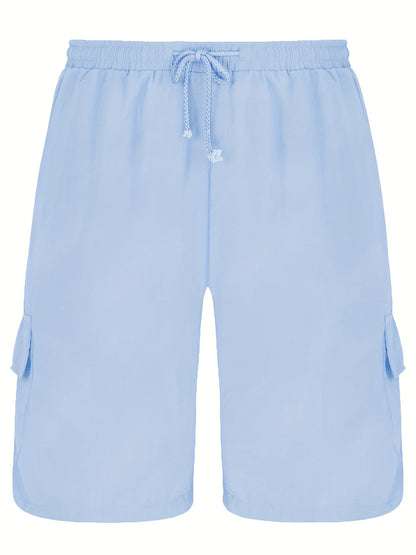 Durable Casual Men's Drawstring Cargo Shorts - Mid-Waist Solid Color with Flap Pockets for Spring/Fall
