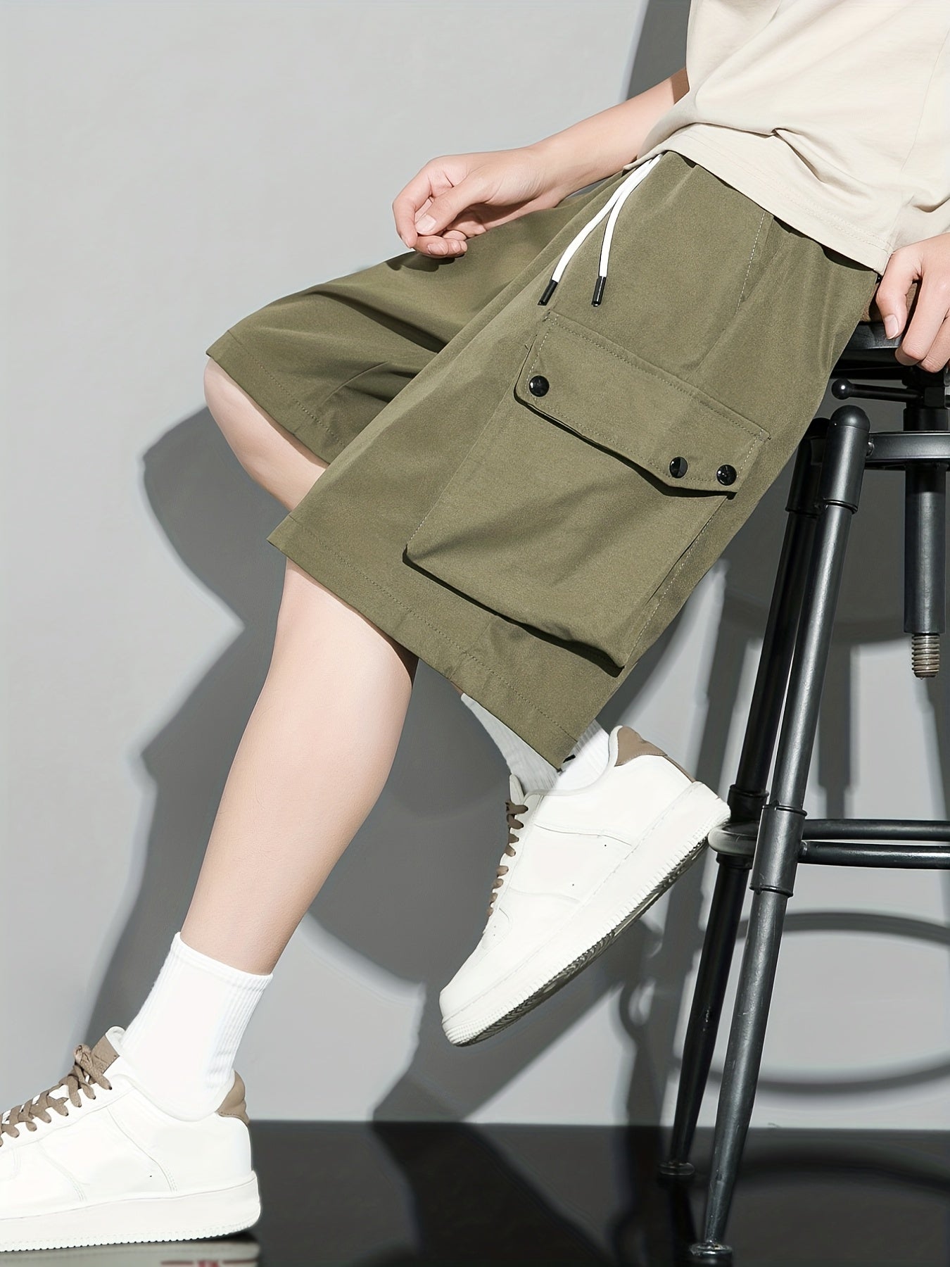 [Popular Choice] Men's Solid Color Drawstring Cargo Shorts, Polyester, Non-Stretch Fabric, Summer Casual Wear