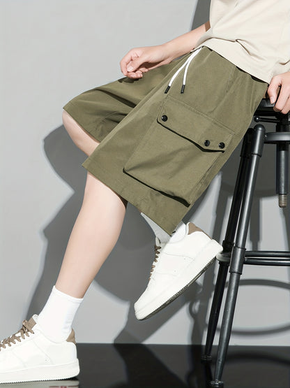 [Popular Choice] Men's Solid Color Drawstring Cargo Shorts, Polyester, Non-Stretch Fabric, Summer Casual Wear