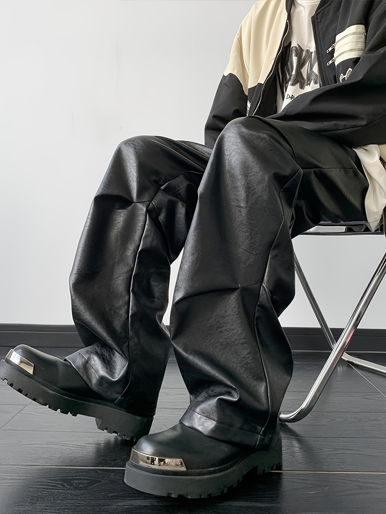 [Loose Fit Faux Leather Pants] Men's Chic Loose Fit Faux Leather Pants, Street Style Baggy Pants K-pop