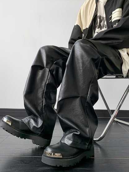 [Loose Fit Faux Leather Pants] Men's Chic Loose Fit Faux Leather Pants, Street Style Baggy Pants K-pop