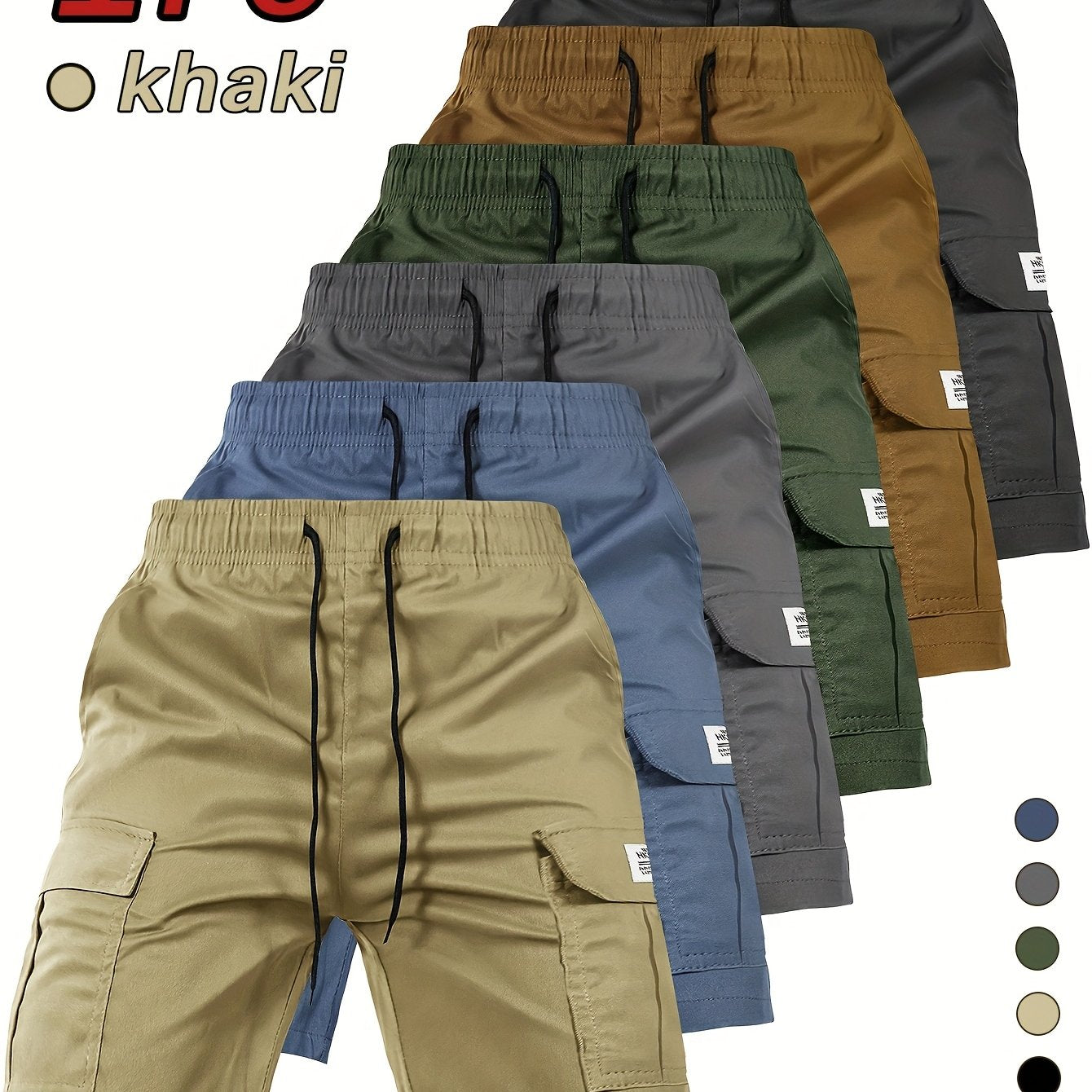 [Summer Cargo Shorts] Breathable Polyester Men's Casual Cargo Shorts with Drawstring Waist, Flap Pockets & Letter Patch | Regular Fit, Solid Color for Summer