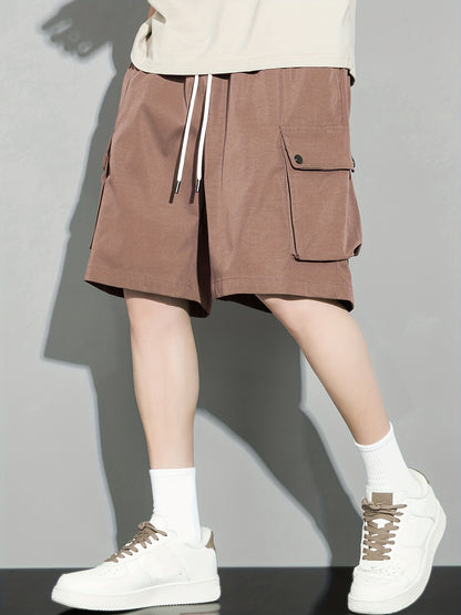 [Popular Choice] Men's Solid Color Drawstring Cargo Shorts, Polyester, Non-Stretch Fabric, Summer Casual Wear