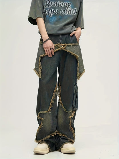 YASUYUAN Men's Comfort-Fit Jeans - Relaxed Streetwear Denim with Raw Edge, Versatile Baggy Pants for Everyday Cool