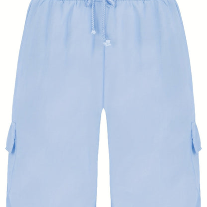 Durable Casual Men's Drawstring Cargo Shorts - Mid-Waist Solid Color with Flap Pockets for Spring/Fall