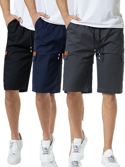 3pcs Mens Cargo Shorts Flap Pockets Drawstring Shorts With 6 Pockets Workout Golf Casual Shorts