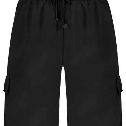 Durable Casual Men's Drawstring Cargo Shorts - Mid-Waist Solid Color with Flap Pockets for Spring/Fall