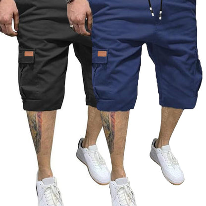 2 Pcs Men's Casual Cargo Shorts Elastic Drawstring Cotton Stretch Multiple Pockets Cargo Short