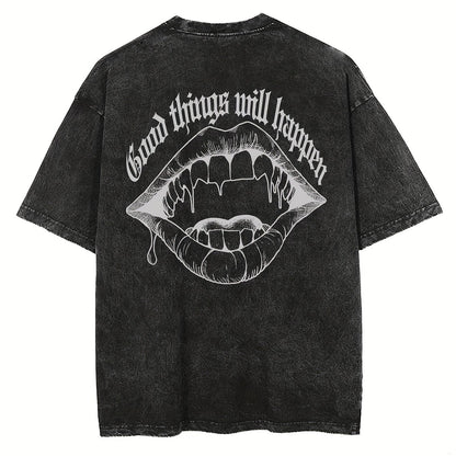 Men's vintage wash to make old letters mouth double-sided printed T-shirt