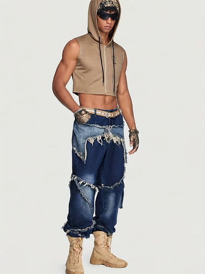 YASUYUAN Men's Comfort-Fit Jeans - Relaxed Streetwear Denim with Raw Edge, Versatile Baggy Pants for Everyday Cool