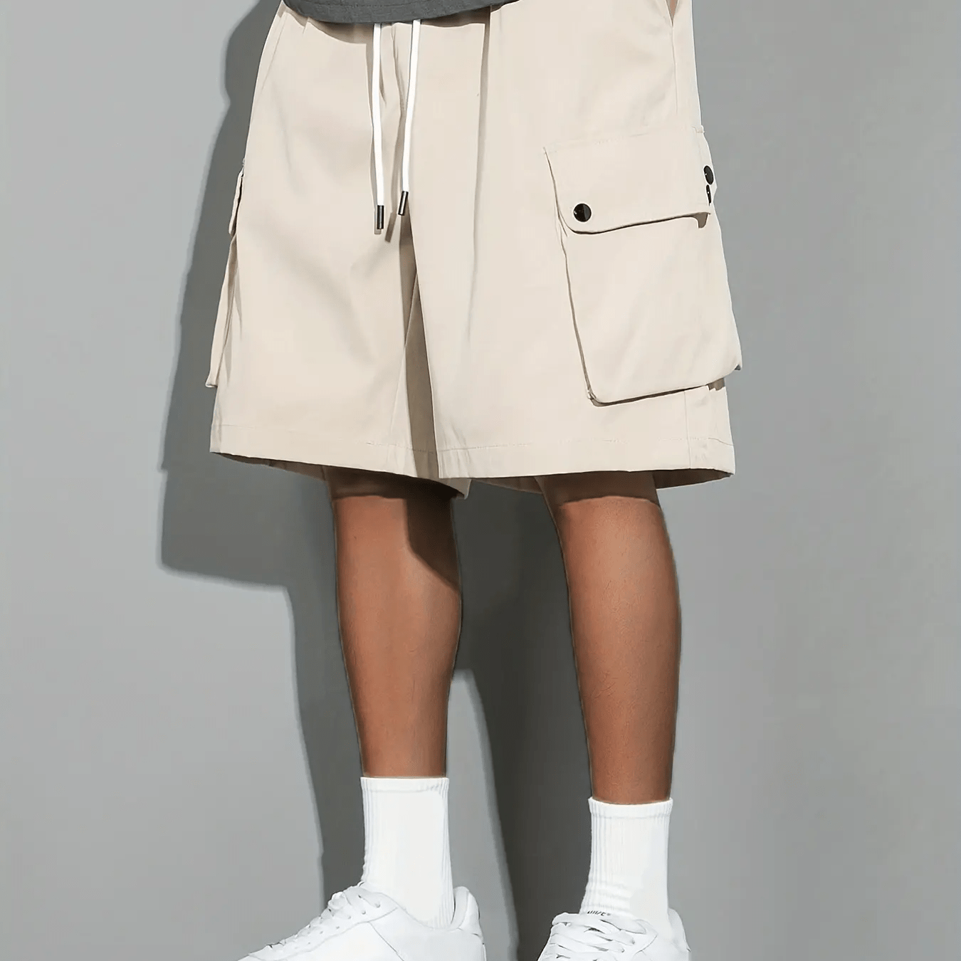 [Popular Choice] Men's Solid Color Drawstring Cargo Shorts, Polyester, Non-Stretch Fabric, Summer Casual Wear