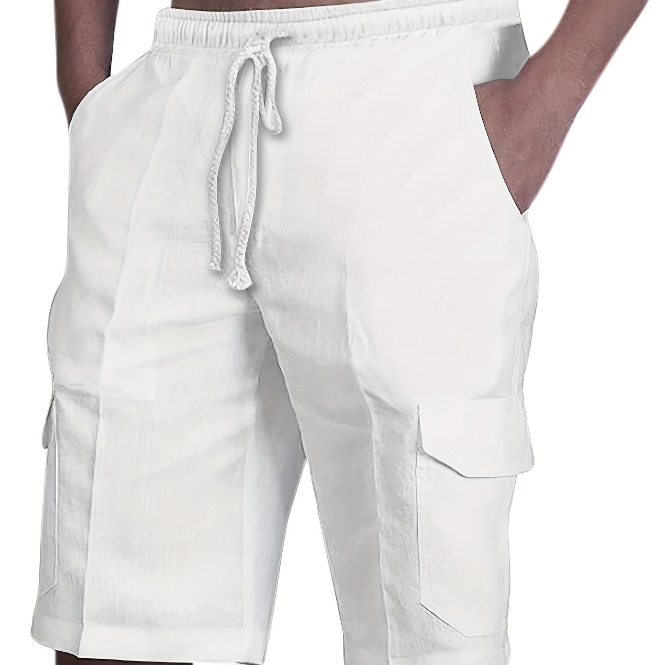 Durable Casual Men's Drawstring Cargo Shorts - Mid-Waist Solid Color with Flap Pockets for Spring/Fall