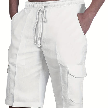 Durable Casual Men's Drawstring Cargo Shorts - Mid-Waist Solid Color with Flap Pockets for Spring/Fall
