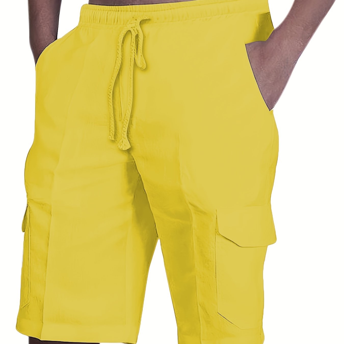 Durable Casual Men's Drawstring Cargo Shorts - Mid-Waist Solid Color with Flap Pockets for Spring/Fall