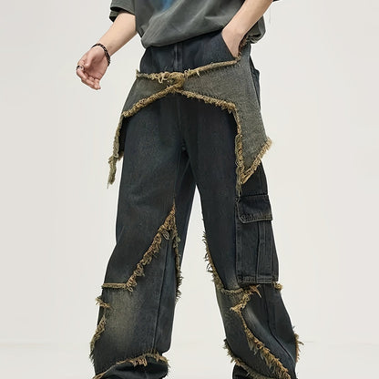 YASUYUAN Men's Comfort-Fit Jeans - Relaxed Streetwear Denim with Raw Edge, Versatile Baggy Pants for Everyday Cool
