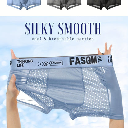 3pcs Men's Ice Silk Cool Soft Comfy Boxers Briefs Underwear, Mesh Patch Breathable Comfy Stretchy Trunks, Men's Casual Plain Color Underwear