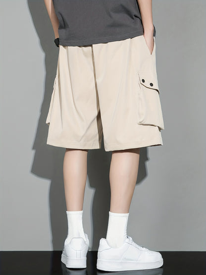 [Popular Choice] Men's Solid Color Drawstring Cargo Shorts, Polyester, Non-Stretch Fabric, Summer Casual Wear