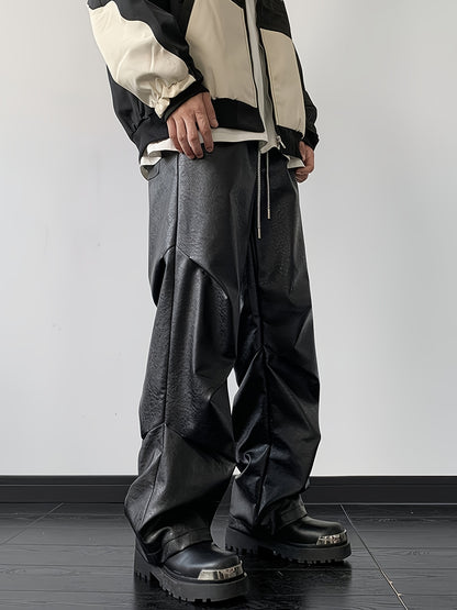 [Loose Fit Faux Leather Pants] Men's Chic Loose Fit Faux Leather Pants, Street Style Baggy Pants K-pop