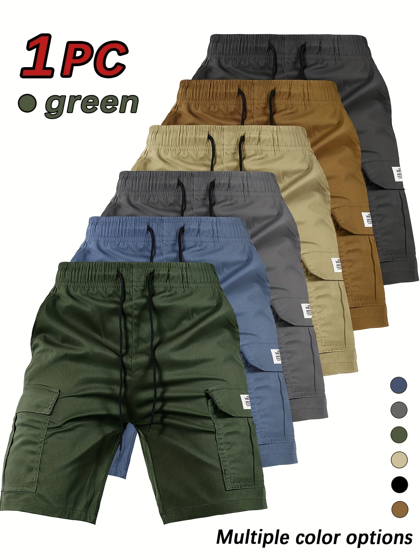 [Summer Cargo Shorts] Breathable Polyester Men's Casual Cargo Shorts with Drawstring Waist, Flap Pockets & Letter Patch | Regular Fit, Solid Color for Summer