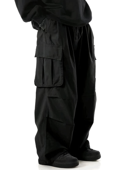 Loose Casual Men's Straight Leg Cargo Pants - Solid Multi Flap Pockets Outdoor Baggy Pants - Work Pants Streetwear