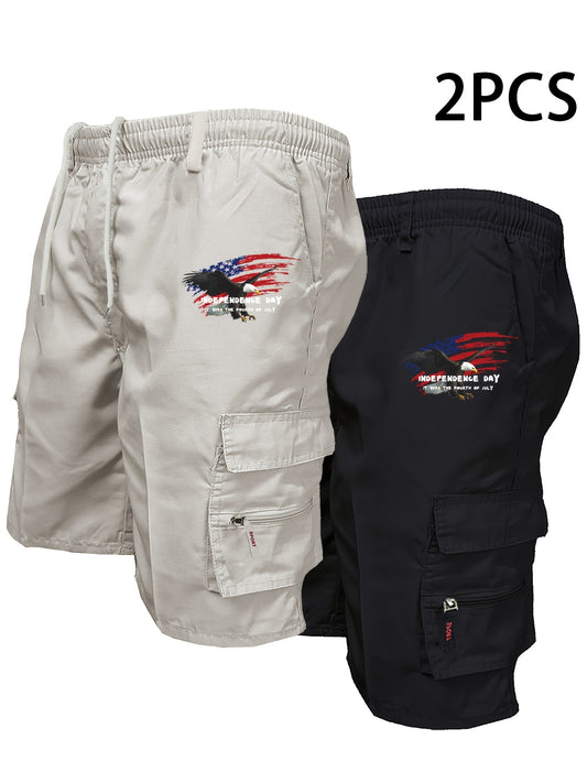 2pcs Graphic Print Men's Loose Fit Waist Drawstring Cargo Shorts with Creative American Flag, Side Pockets for Summer Outdoor Leisure and Work